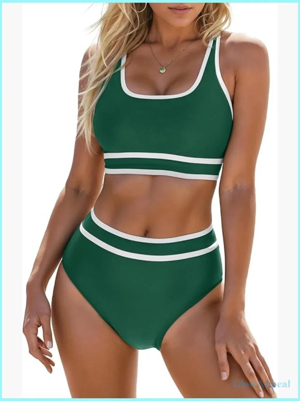 High Waist Bikini Sets Sporty Color Block Two Piece Swimsuits Scoop Neck Cheeky